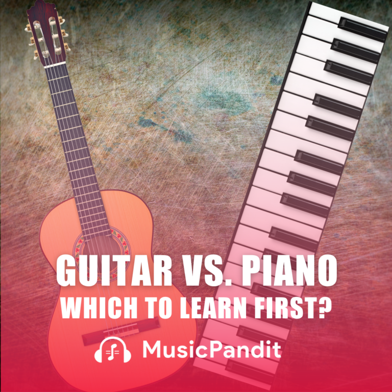 Image of a guitar and a piano arranged like a V shape.